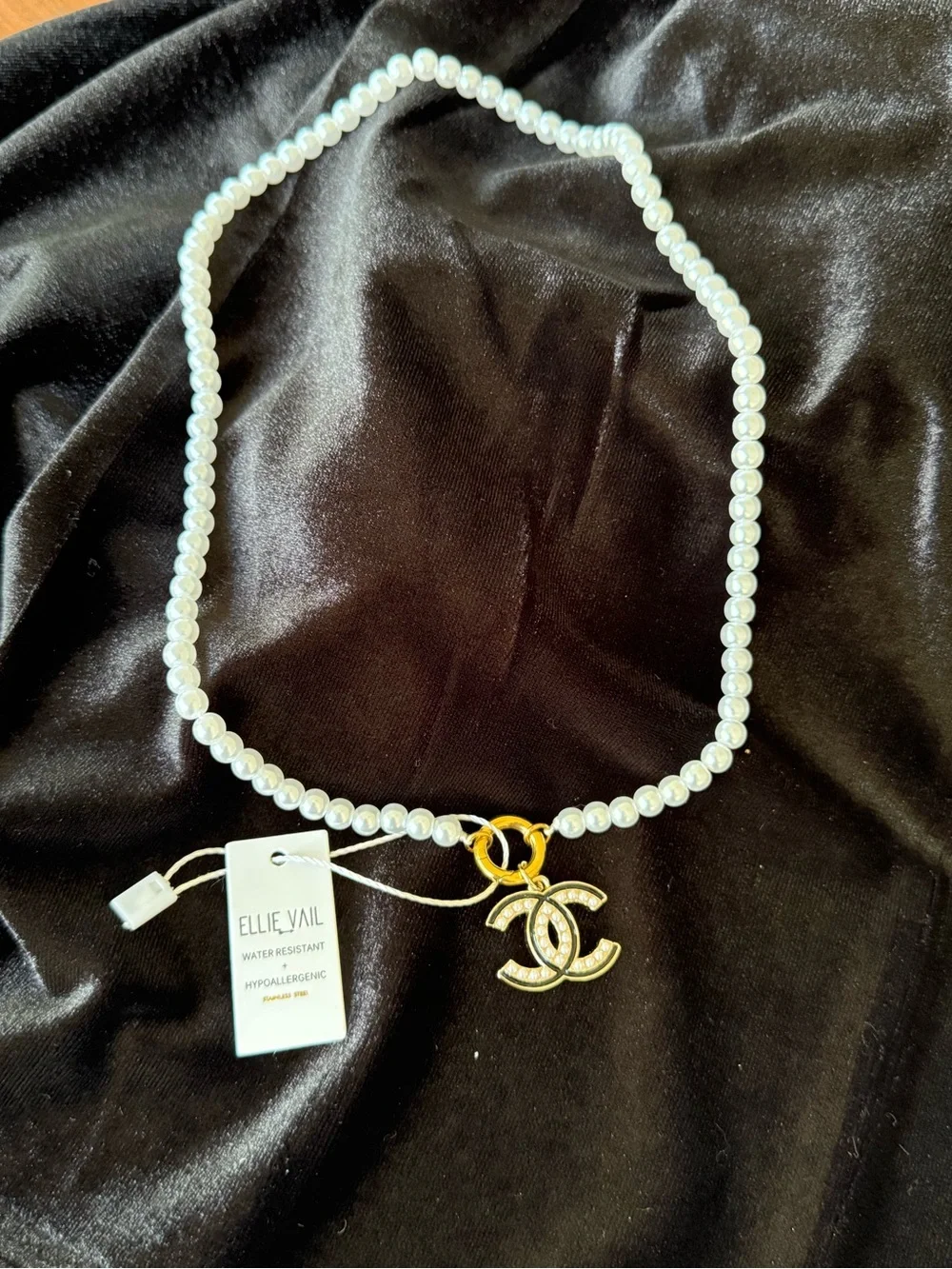 ChaneI Gold & White Pearl Logo Pendant Necklace - Picture 2 of 7
